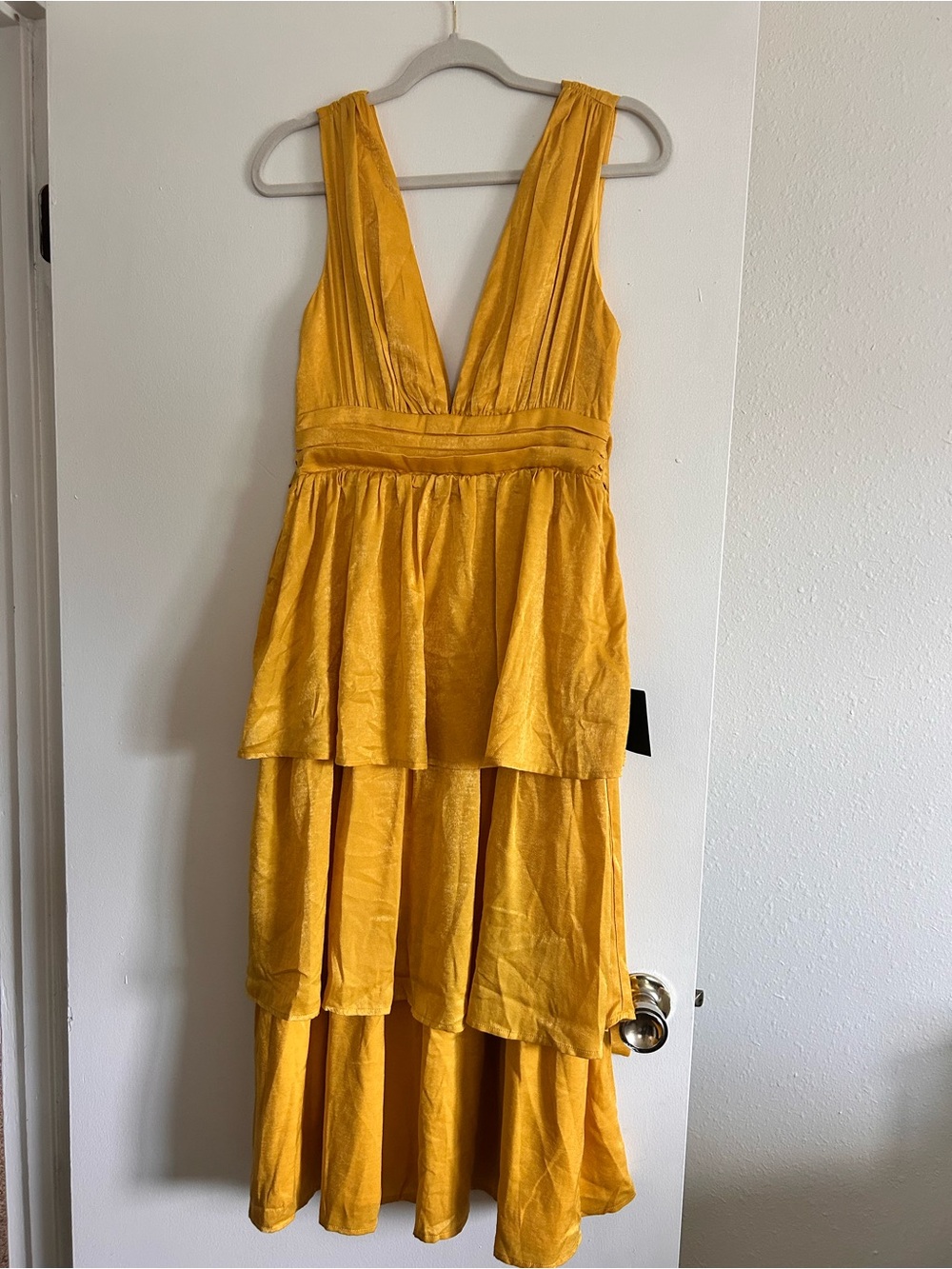 Lulu's Yellow V-Neck Tiered Midi Dress